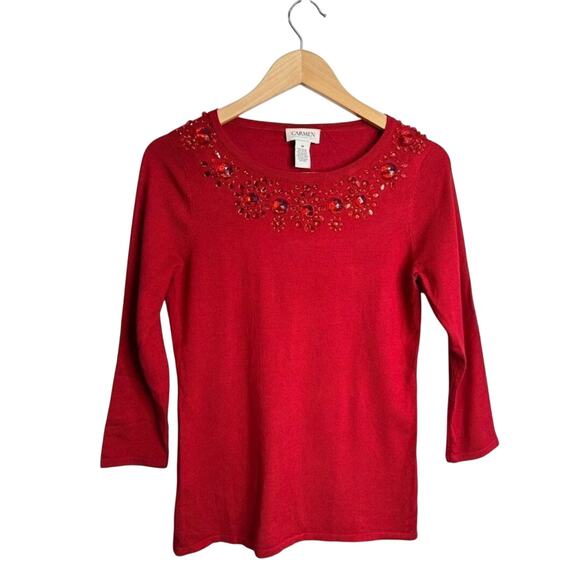 Carmen Marc Valvo Shirt Womens Embellished 3/4 Sleeve Red Size Medium Pullover - Picture 2 of 4